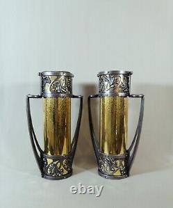 Paire de Vases Epoque Art Nouveau, Fer Forgé & Laiton Martelé, Sign à identifier