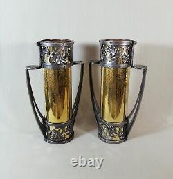 Paire de Vases Epoque Art Nouveau, Fer Forgé & Laiton Martelé, Sign à identifier