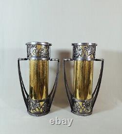 Paire de Vases Epoque Art Nouveau, Fer Forgé & Laiton Martelé, Sign à identifier