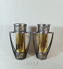 Paire de Vases Epoque Art Nouveau, Fer Forgé & Laiton Martelé, Sign à identifier