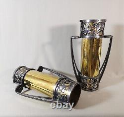 Paire de Vases Epoque Art Nouveau, Fer Forgé & Laiton Martelé, Sign à identifier