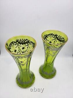 Paire de Vases en Cristal Vert Argenté & Doré Art Nouveau 1900 & Green Crystal