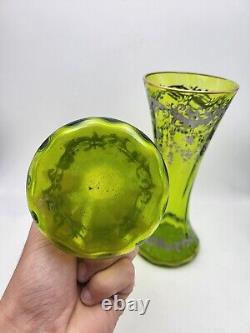 Paire de Vases en Cristal Vert Argenté & Doré Art Nouveau 1900 & Green Crystal
