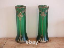+ Paire de grands vases Art Nouveau en verre peint émaillé décor trèfles +