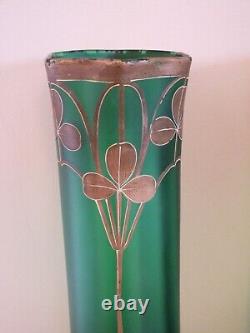 + Paire de grands vases Art Nouveau en verre peint émaillé décor trèfles +