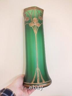 + Paire de grands vases Art Nouveau en verre peint émaillé décor trèfles +