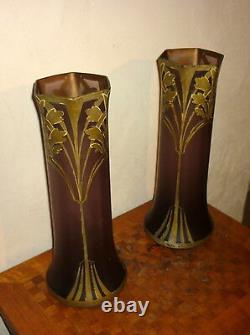 Paire de vase Art Nouveau violet pâte de verre émaillée genre legras