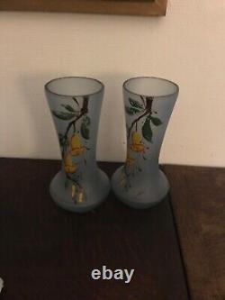 Paire de vase à col en verre soufflé bleu style art nouveau H26cm rétro vintage