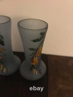 Paire de vase à col en verre soufflé bleu style art nouveau H26cm rétro vintage