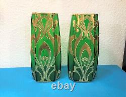 Paire de vase émaillé d'époque ART NOUVEAU 27cm Vert Dorure Legras Ancien Déco