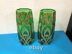 Paire de vase émaillé d'époque ART NOUVEAU 27cm Vert Dorure Legras Ancien Déco