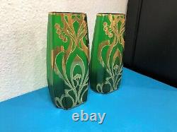 Paire de vase émaillé d'époque ART NOUVEAU 27cm Vert Dorure Legras Ancien Déco