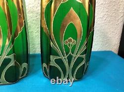Paire de vase émaillé d'époque ART NOUVEAU 27cm Vert Dorure Legras Ancien Déco