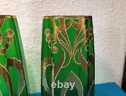 Paire de vase émaillé d'époque ART NOUVEAU 27cm Vert Dorure Legras Ancien Déco