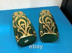 Paire de vase émaillé d'époque ART NOUVEAU 27cm Vert Dorure Legras Ancien Déco