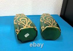 Paire de vase émaillé d'époque ART NOUVEAU 27cm Vert Dorure Legras Ancien Déco