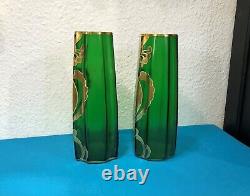 Paire de vase émaillé d'époque ART NOUVEAU 27cm Vert Dorure Legras Ancien Déco