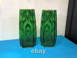 Paire de vase émaillé d'époque ART NOUVEAU 27cm Vert Dorure Legras Ancien Déco