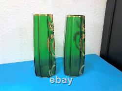 Paire de vase émaillé d'époque ART NOUVEAU 27cm Vert Dorure Legras Ancien Déco