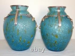 Paire de vases Art Déco 1920-1930 verre et bronze argenté et doré