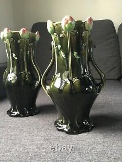 Paire de vases Art Nouveau Fives-Lille DB Gustave de Bruyn pivoines