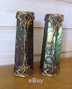 Paire de vases Art Nouveau verre violet irisé monture régule doré
