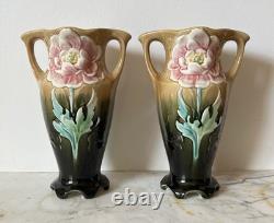 Paire de vases anciens Barbotine Art Nouveau Gustave de Bruyn, Fives Lille