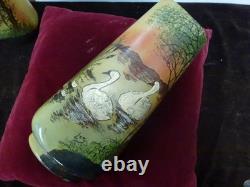 Paire de vases aux cygnes signés Legras, art nouveau, H 245mm