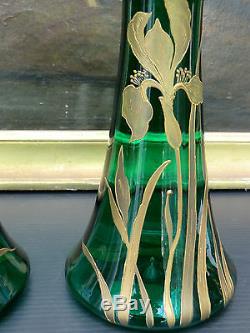 Paire de vases aux iris Legras Montjoye en verre dorure émaillé 1900 art nouveau