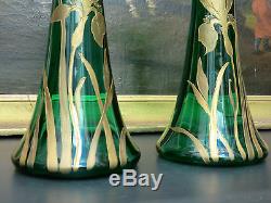 Paire de vases aux iris Legras Montjoye en verre dorure émaillé 1900 art nouveau