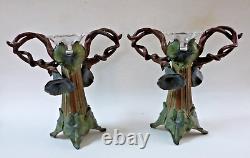 Paire de vases bouquetières art nouveau métal patiné et cristal