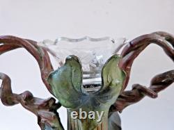 Paire de vases bouquetières art nouveau métal patiné et cristal