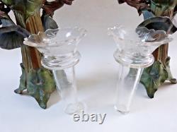 Paire de vases bouquetières art nouveau métal patiné et cristal