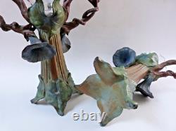 Paire de vases bouquetières art nouveau métal patiné et cristal