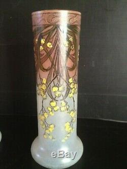 Paire de vases émaillés à décor floral de mimosa par Legras Art Nouveau Leg 1900