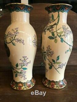 Paire de vases en céramique art nouveau 1900 H48cm émaux genre longwy Bordeaux
