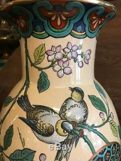Paire de vases en céramique art nouveau 1900 H48cm émaux genre longwy Bordeaux