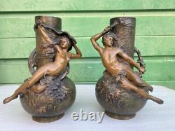 Paire de vases régule patine bronze Louis Moreau Art Nouveau fin 19ème