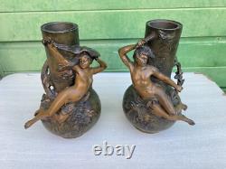 Paire de vases régule patine bronze Louis Moreau Art Nouveau fin 19ème