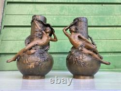 Paire de vases régule patine bronze Louis Moreau Art Nouveau fin 19ème