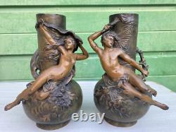 Paire de vases régule patine bronze Louis Moreau Art Nouveau fin 19ème