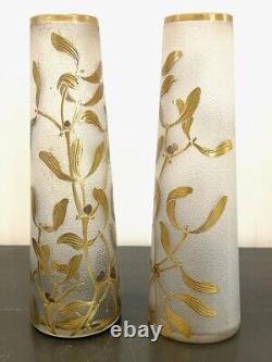 Paire de vases soliflores feuilles de gui doré LEGRAS, ART NOUVEAU
