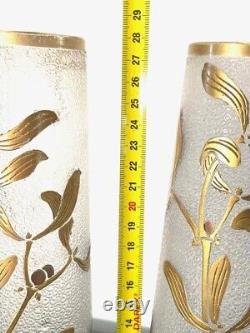 Paire de vases soliflores feuilles de gui doré LEGRAS, ART NOUVEAU