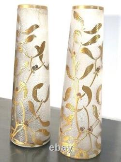 Paire de vases soliflores feuilles de gui doré LEGRAS, ART NOUVEAU