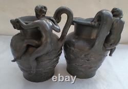 Paire pichets en étain signé Charles Perron Art Nouveau décor femmes baigneuses