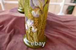Paire vases art nouveau Legras, Lamartine, aux iris, émaillés, dorés, H 28cm, T. B. E