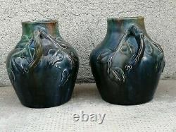 Paire vases art nouveau céramique decor vigne pottery design 1900 jaspe