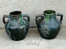 Paire vases art nouveau céramique decor vigne pottery design 1900 jaspe