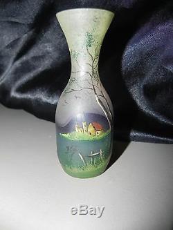Pate de verre vase miniature signé F. Jost école de Nancy, paysage, 1890-1900