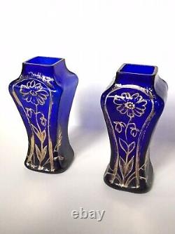 Petits Vases À Fleurs Anciens En Verre Bleu Et Or Art Nouveau Vers 1900 (paire)
